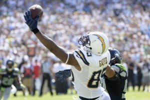 Chargers tight end Antonio Gates makes a one-handed catch during a game against the Seattle Seahawks. The Chargers would go on to win the game.