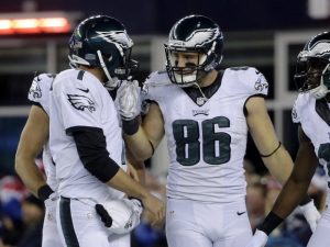 Tight end Zach Ertz (86) celebrates with quarterback Sam Bradford after the two connected for a touchdown against the New England Patriots in 2015.